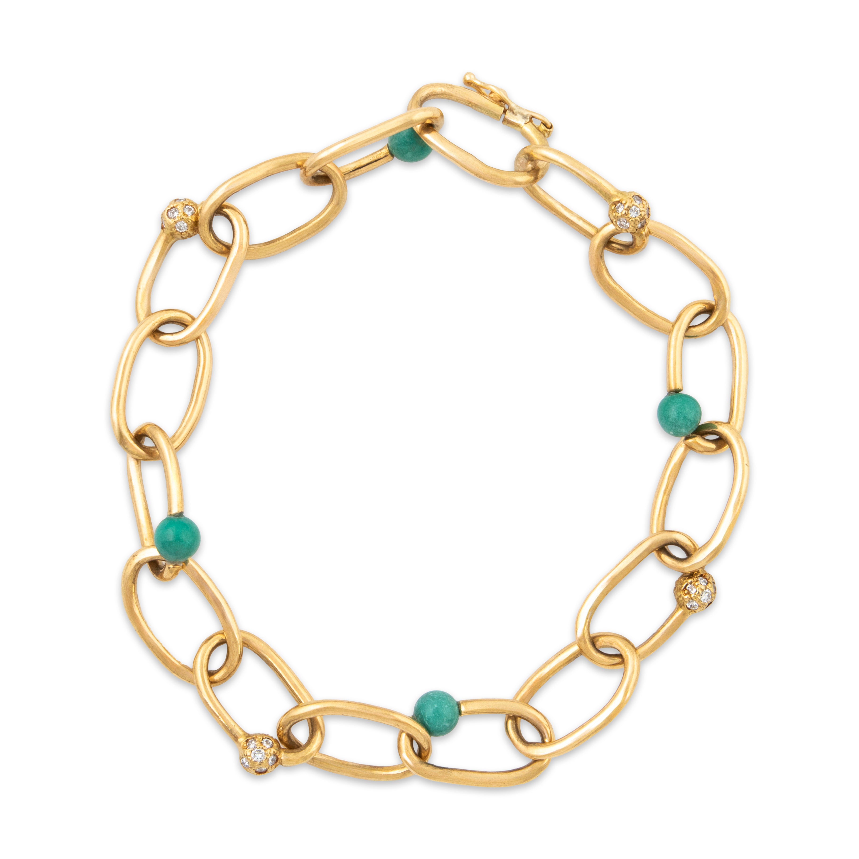 Vintage Akiyo Matsuoka 18k Yellow Gold Turquoise Diamond Chain Bracelet 6.25、mySite、hinf8tx79