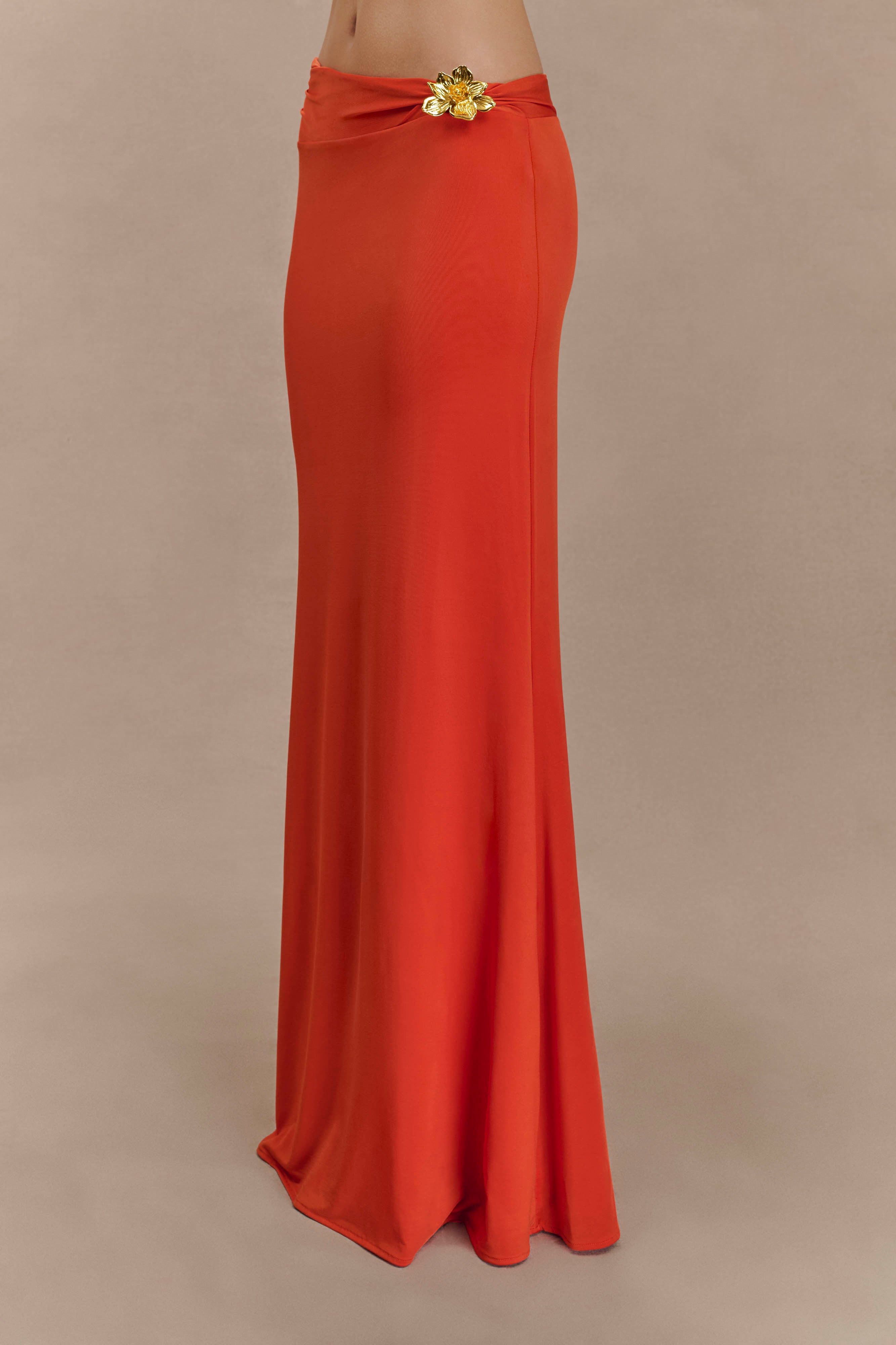 Ainsley Asymmetrical Maxi Skirt With Floral Hardware - Burnt Orange、mySite、solidvoid