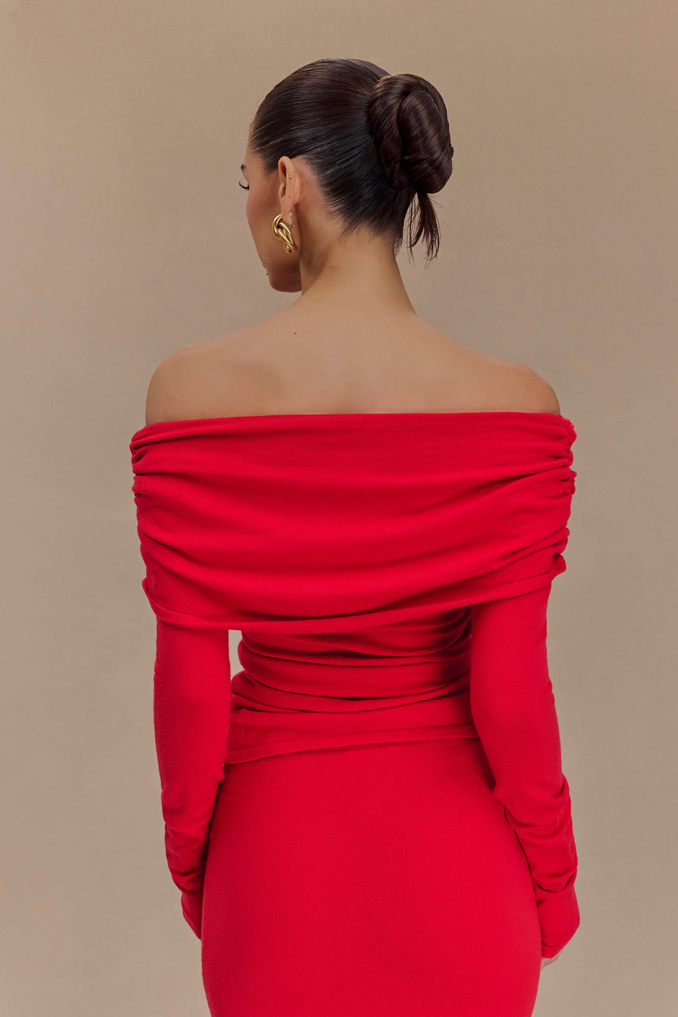 Polly Off Shoulder Long Sleeve Knit Top - Red、mySite、solidvoid