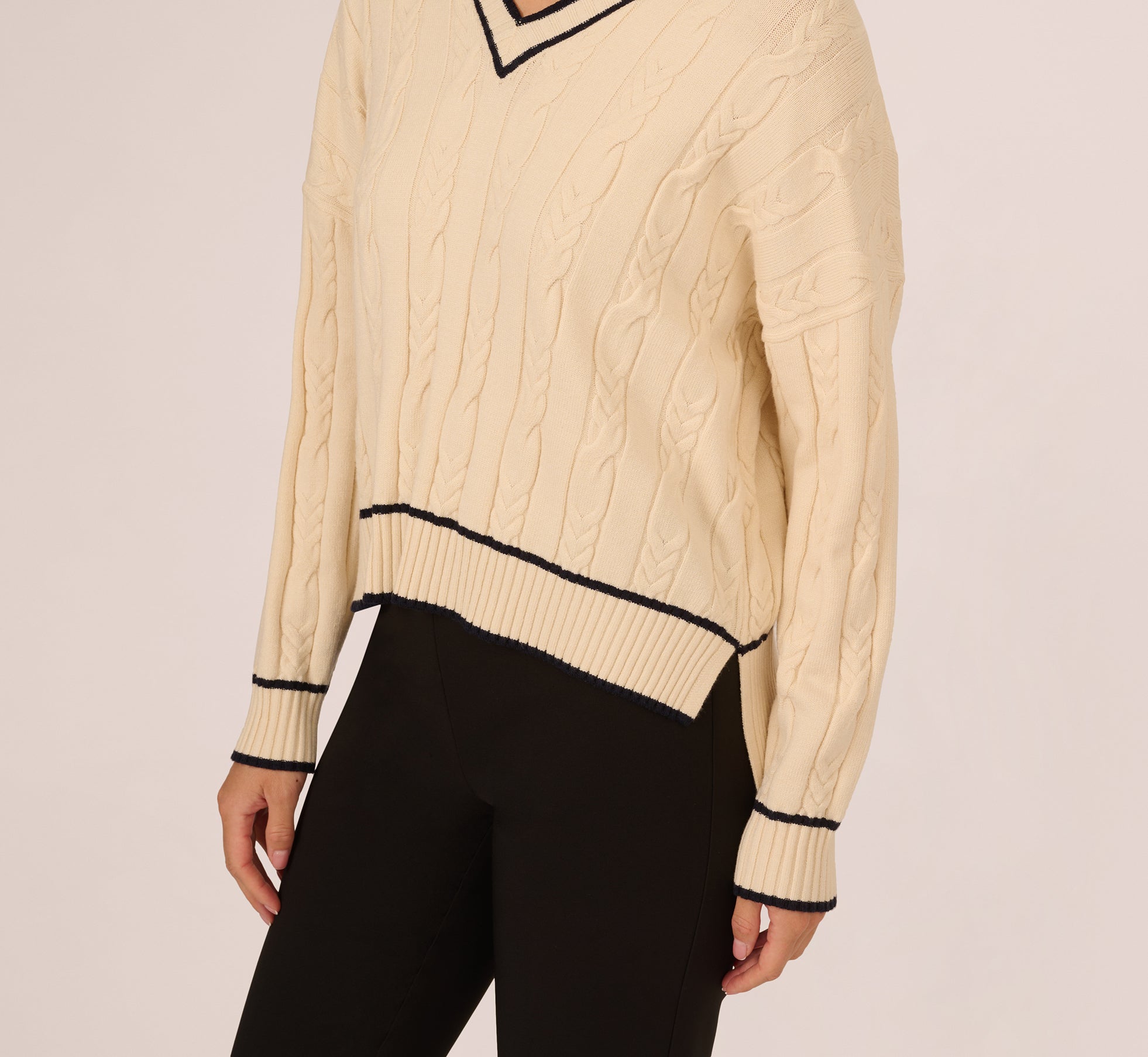 V Neck High Low Cable Knit Sweater In Cream Blue Moon、mySite、solidvoid