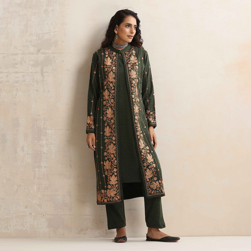 Woolen Kurta Set For Women | Kurta, Pyjama & Jacket | Embroidered | Green、mySite、camillekostekn