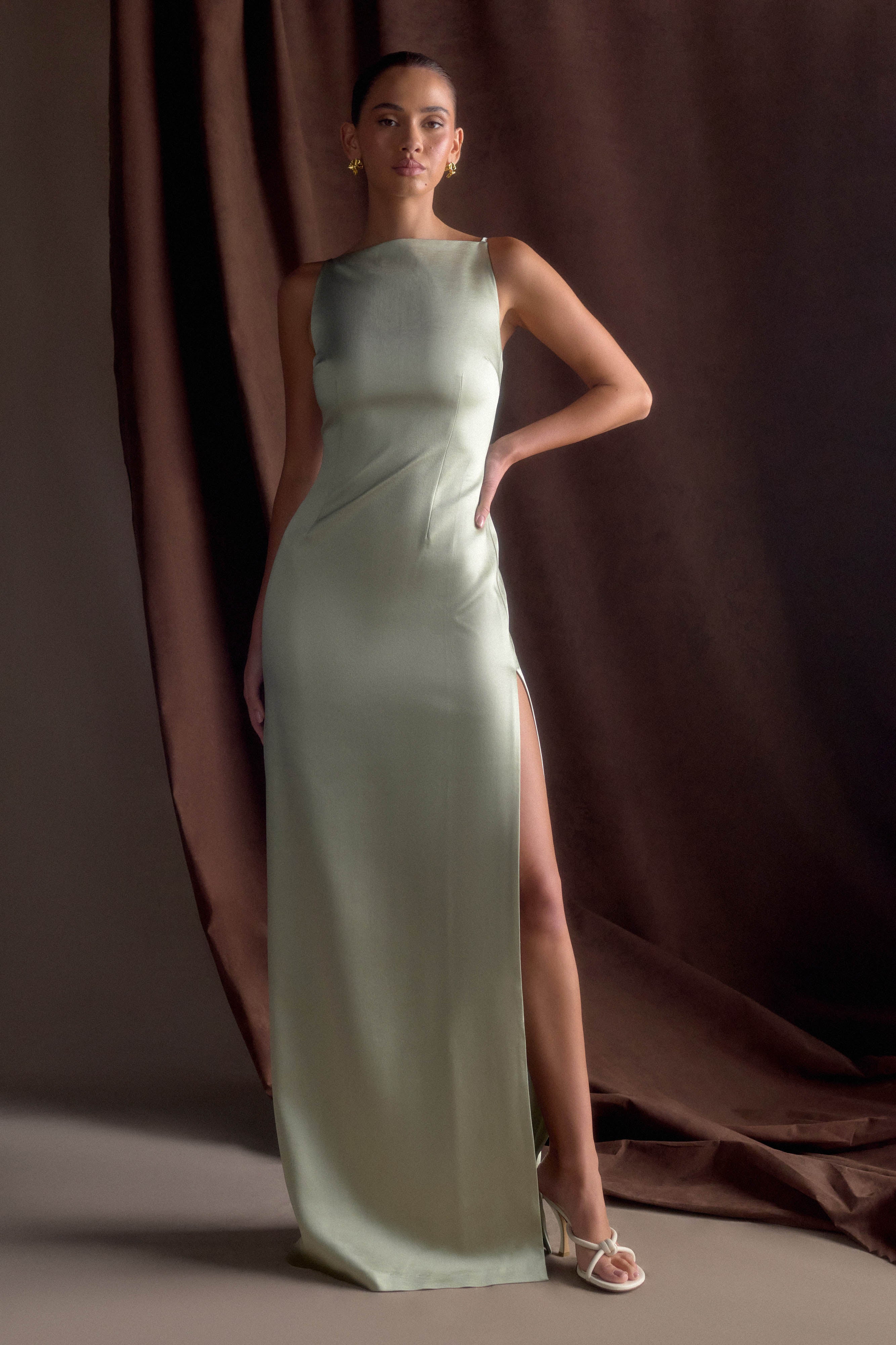 Violet Sleeveless Satin Maxi Dress - Sage、mySite、solidvoid