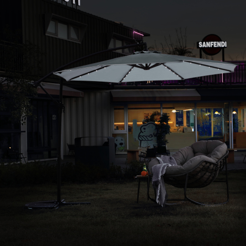 10ft Solar LED Offset Hanging Market Patio Umbrella ( khaki )(No Base)、、eastwooduniform