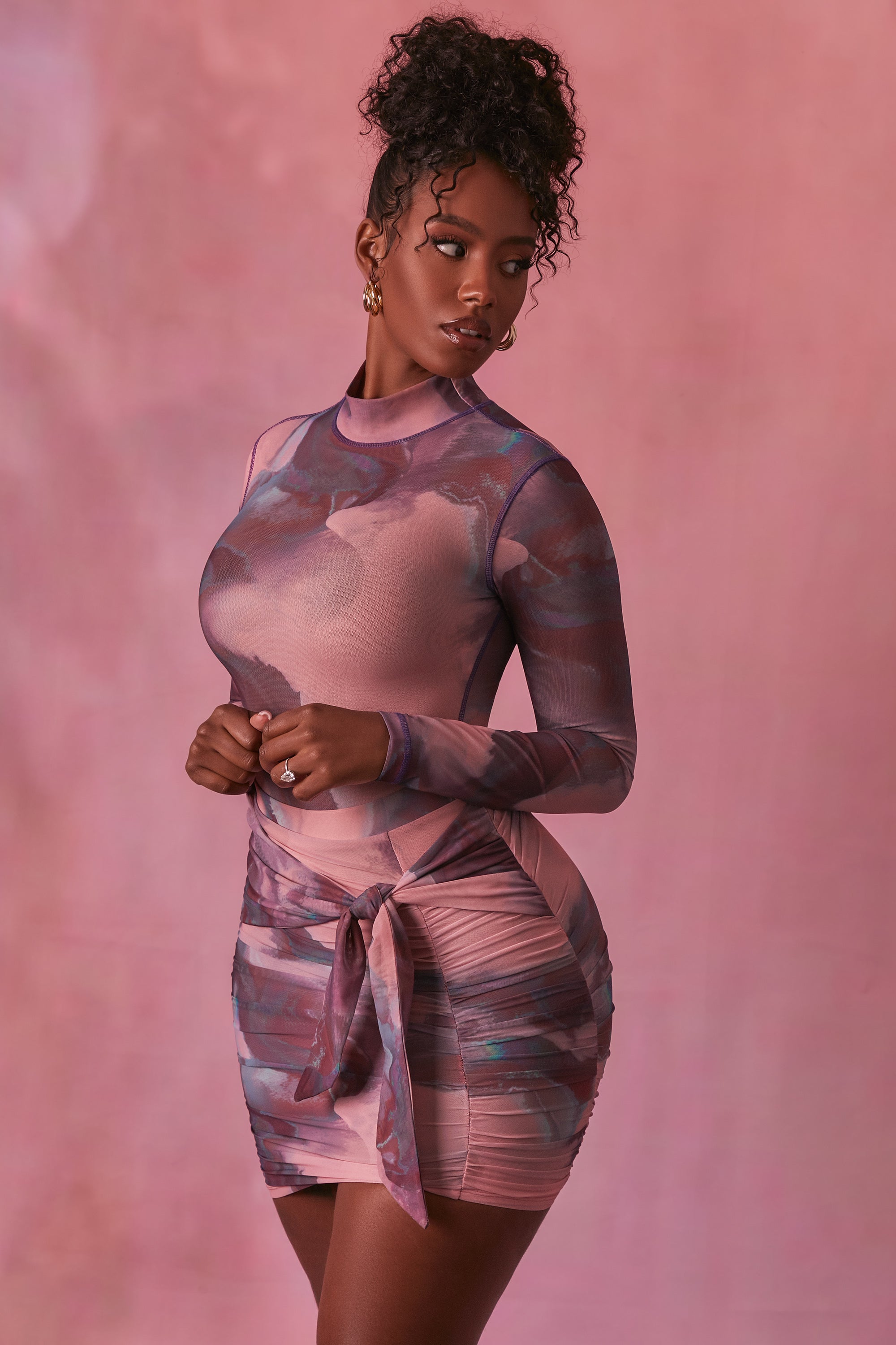 High Neck Long Sleeve Mesh Bodysuit in Blush、mySite、solidvoid