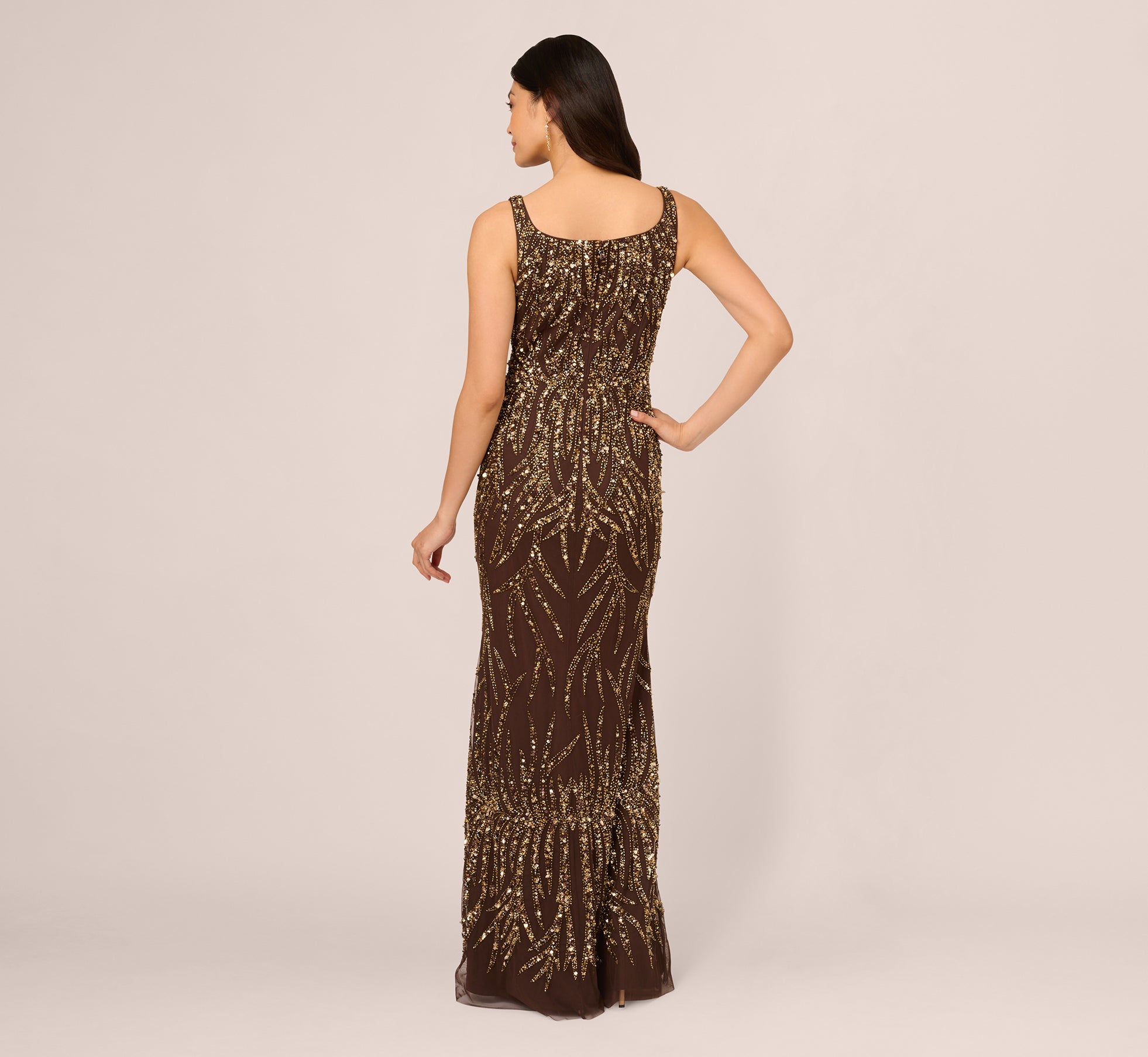 Sleeveless Beaded Mermaid Gown With Square Neckline In Chocolate、mySite、solidvoid