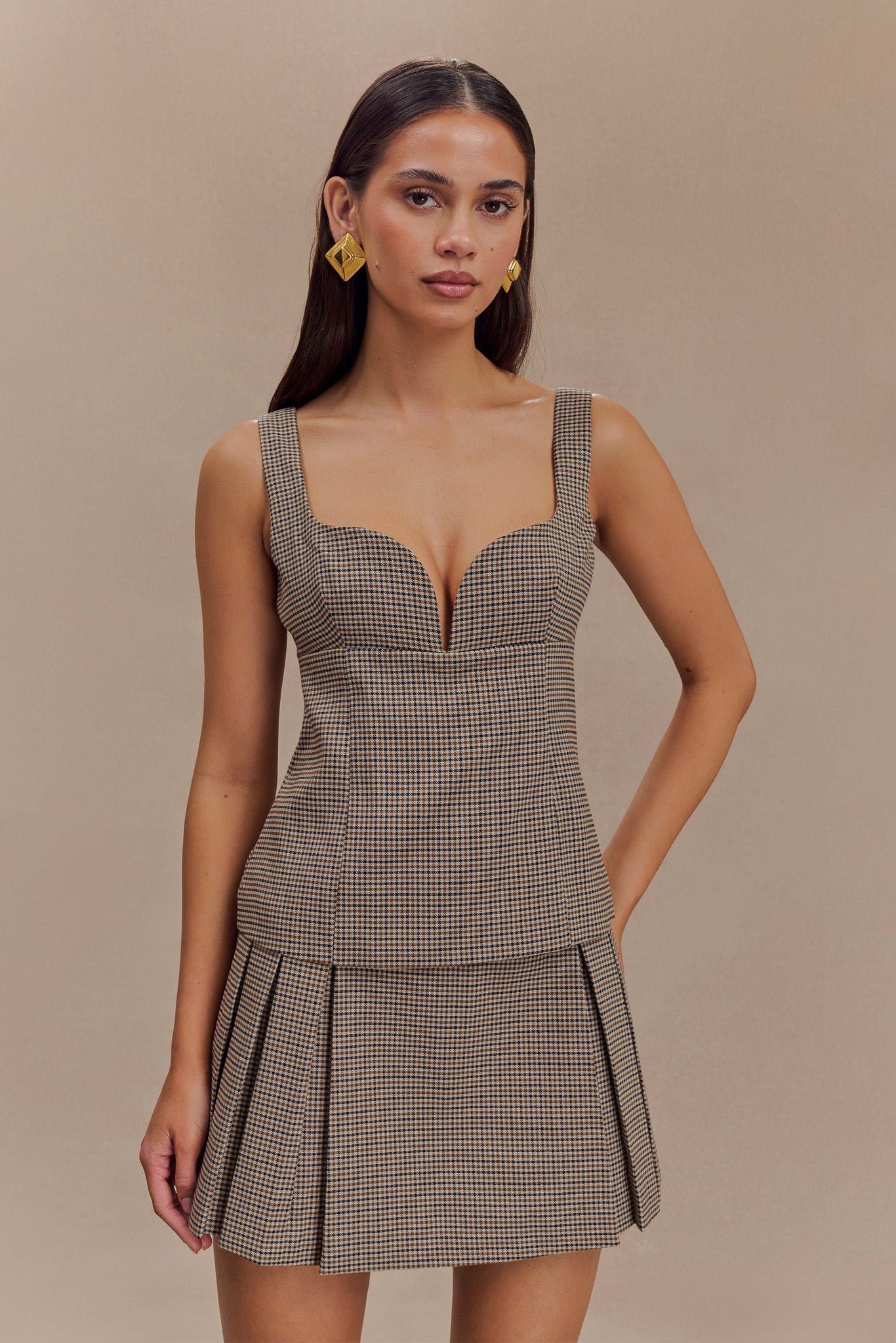 Angie Pleated Buckle Mini Skirt - Tan Check、mySite、solidvoid