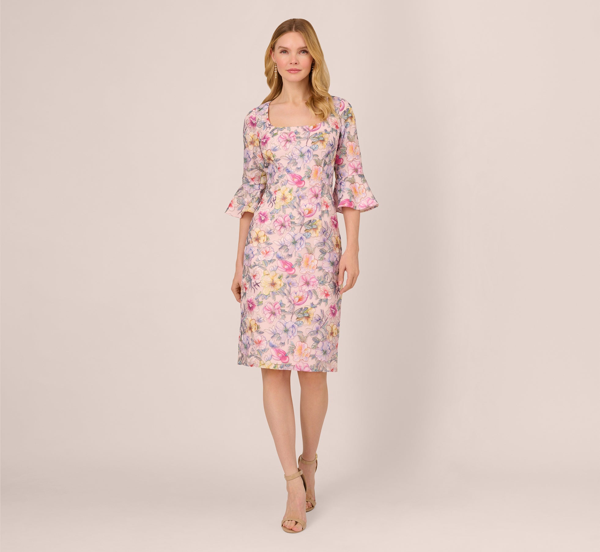 Floral Embroidered Sheath Dress With Three Quarter Bell Sleeves In Blush Multi、mySite、solidvoid