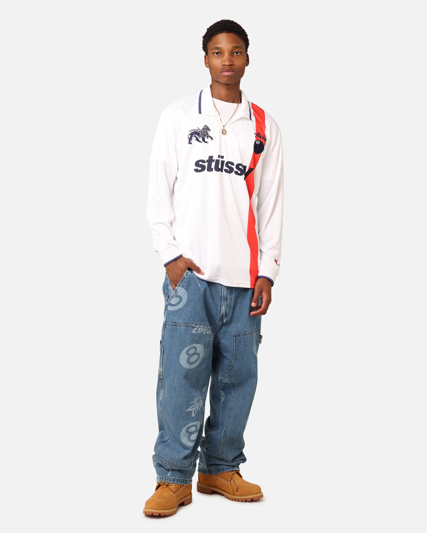 Stüssy Football Polo Long Sleeve T-Shirt White/Red Stripe、mySite、zt4zffjzw