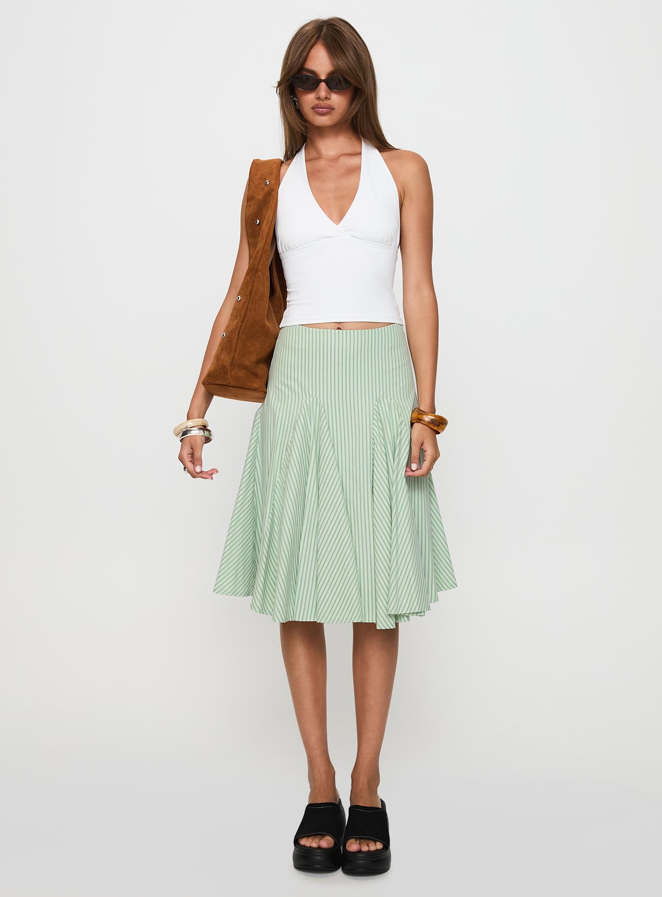 Evangaleine Pleat Midi Skirt Green / White、mySite、solidvoid