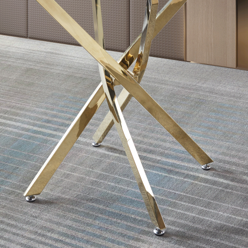 Contemporary Round Clear Dining Tempered Glass Table with Gold Finish Stainless Steel Legs、、casual