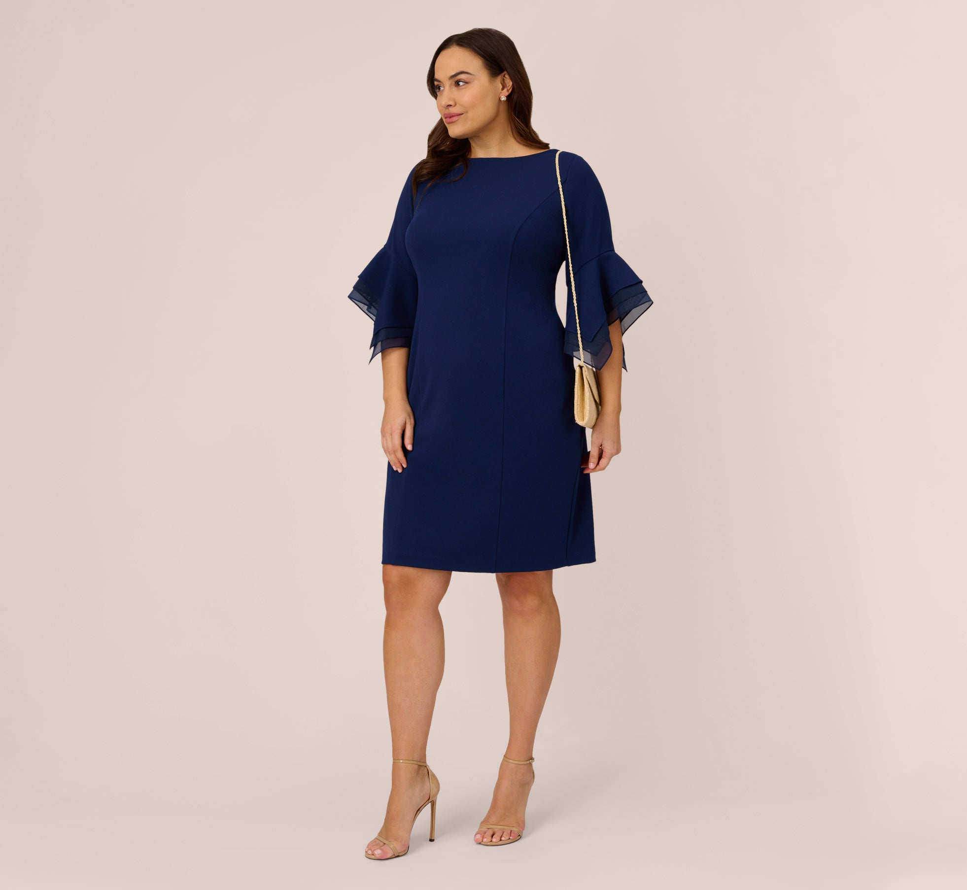 Plus Size Knit Crepe Sheath Dress With Tiered Three Quarter Sleeves In Navy Sateen、mySite、solidvoid