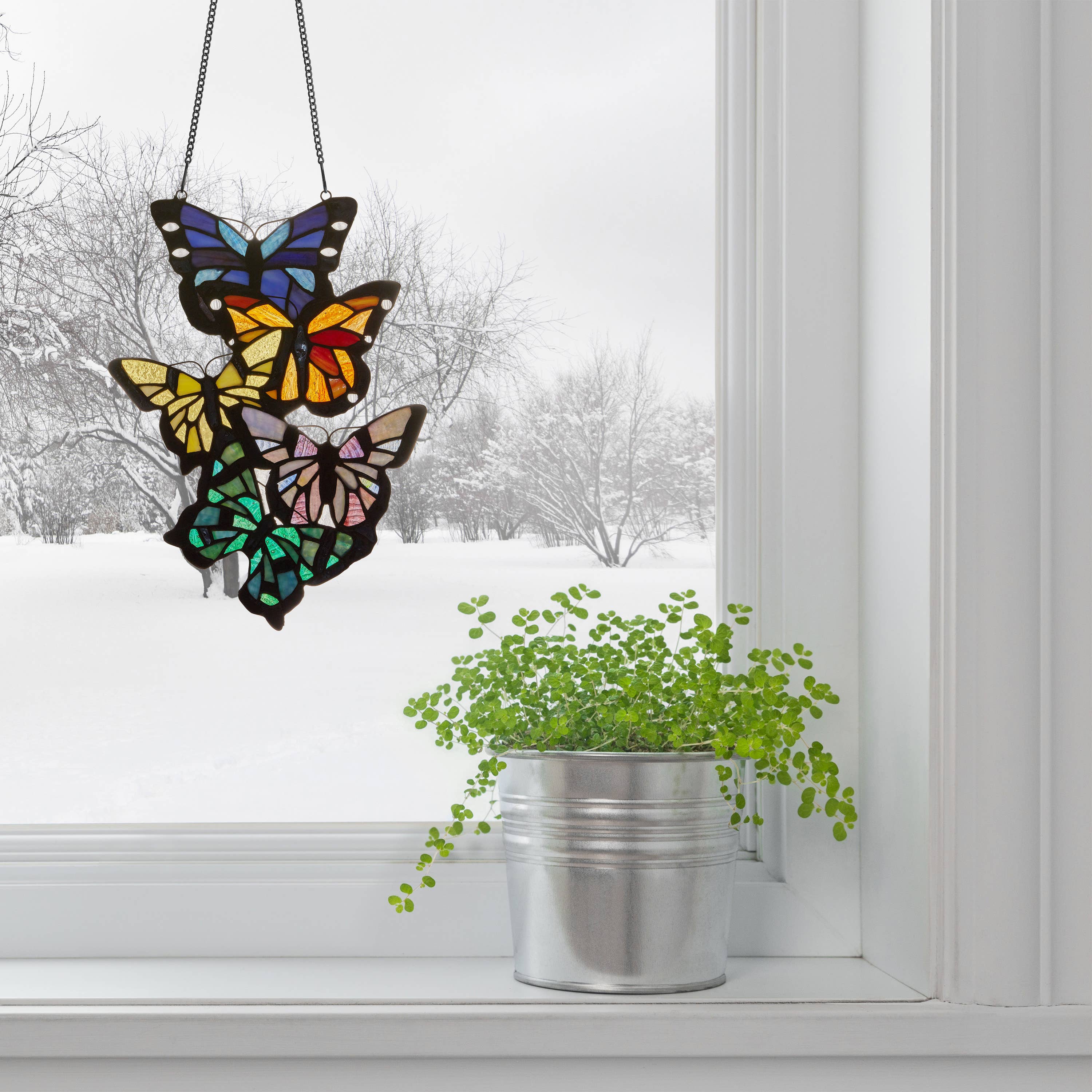 Brilliant Butterflies Cluster Stained Glass Window Panel- 13.25H、mySite、g9winljtr