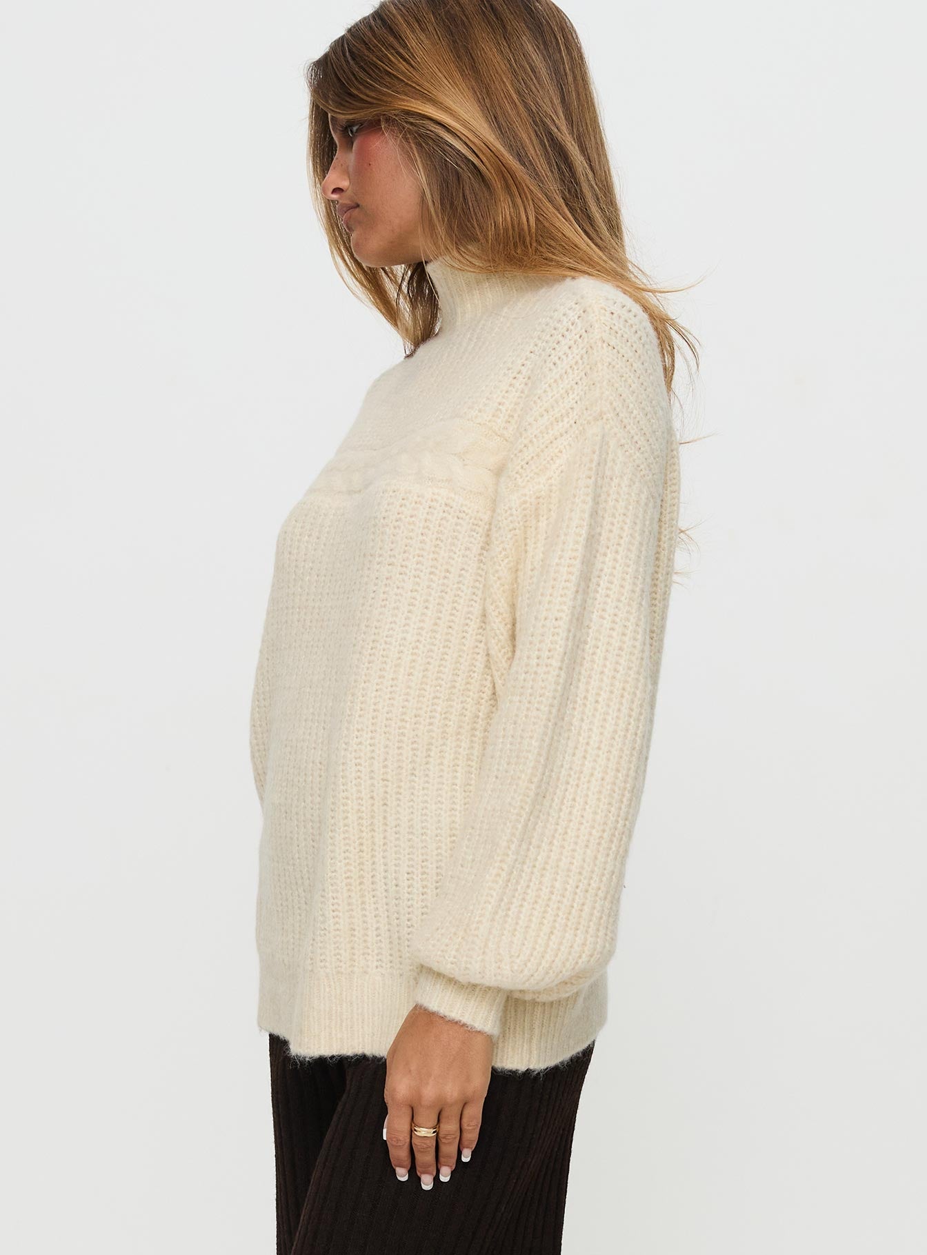 Wistfully Funnel Neck Knit Sweater Cream、mySite、solidvoid