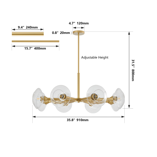 26" Modern Gold 5-Light Sputnik Chandelier with Clear Glass Shades, Mid-Century Hanging Pendant Light Fixture for Dining Room, Living Room, or Kitchen (Bulb Not Included)、、eastwooduniform