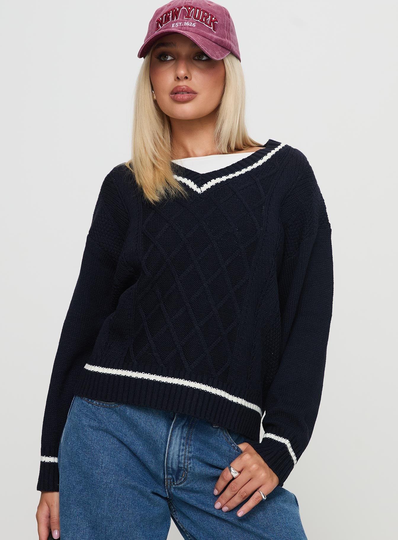 Covina V Neck Knit Sweater Navy、mySite、solidvoid