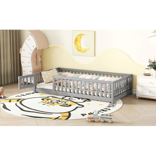 Twin Size Bed Floor Bed with Safety Guardrails and Door for Kids, Natural(Old SKU: W158090686)、、casual