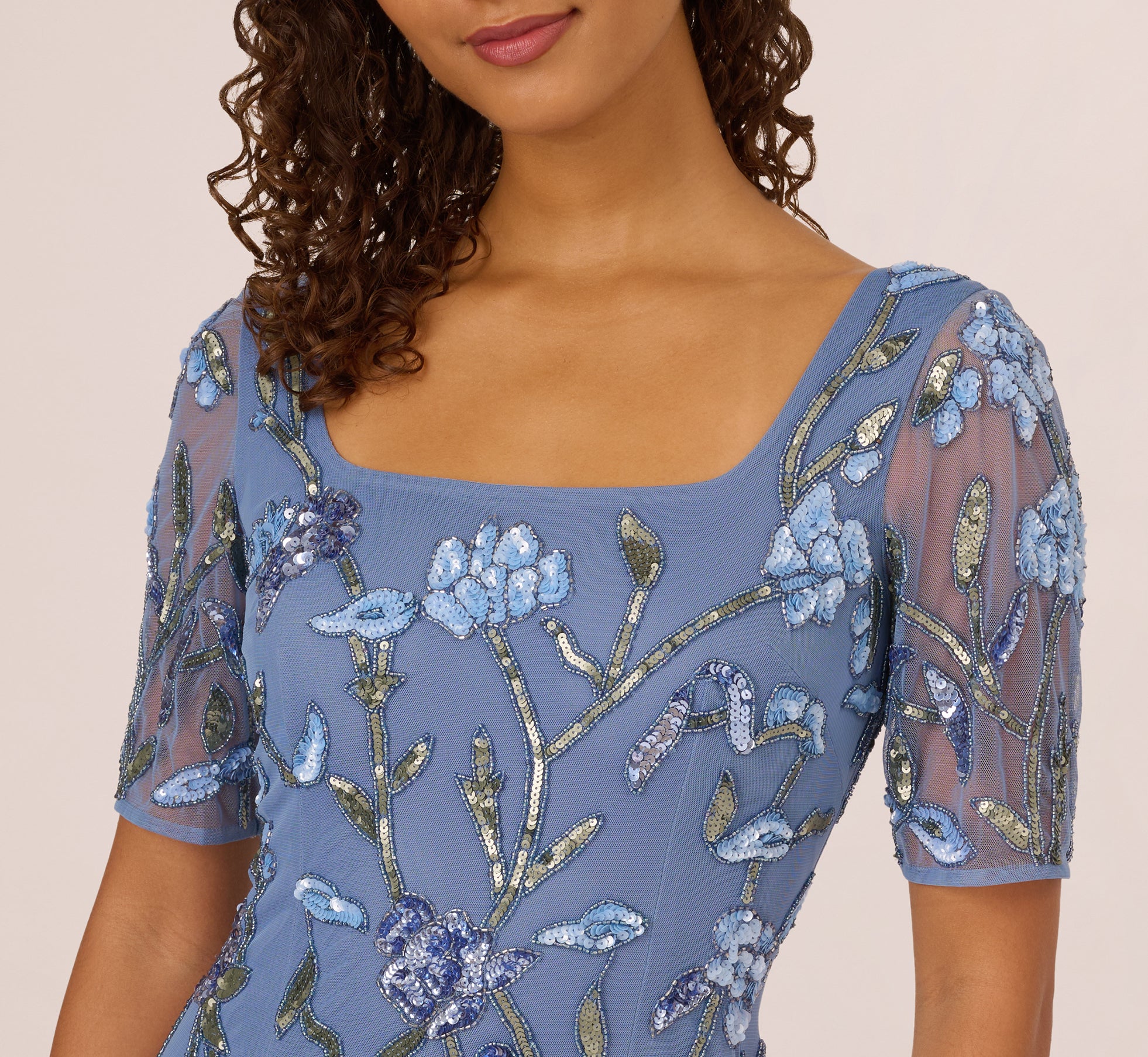 Square Neck Short Sleeve Beaded Godet Gown In French Blue、mySite、solidvoid