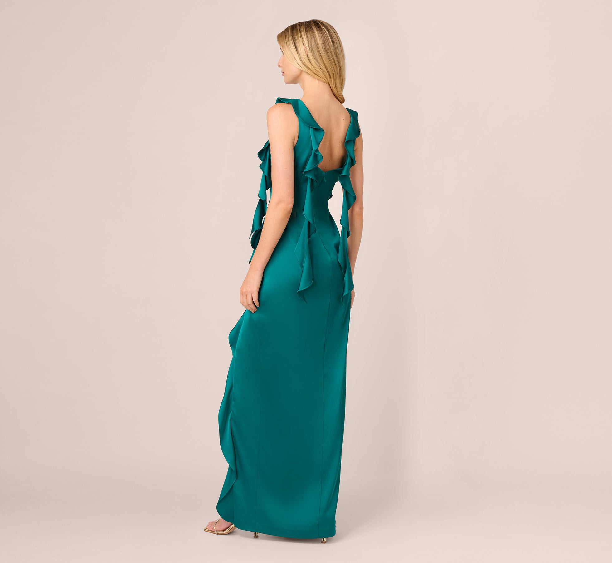 Stretch Satin Ruffle Long Dress In Deep Emerald、mySite、solidvoid
