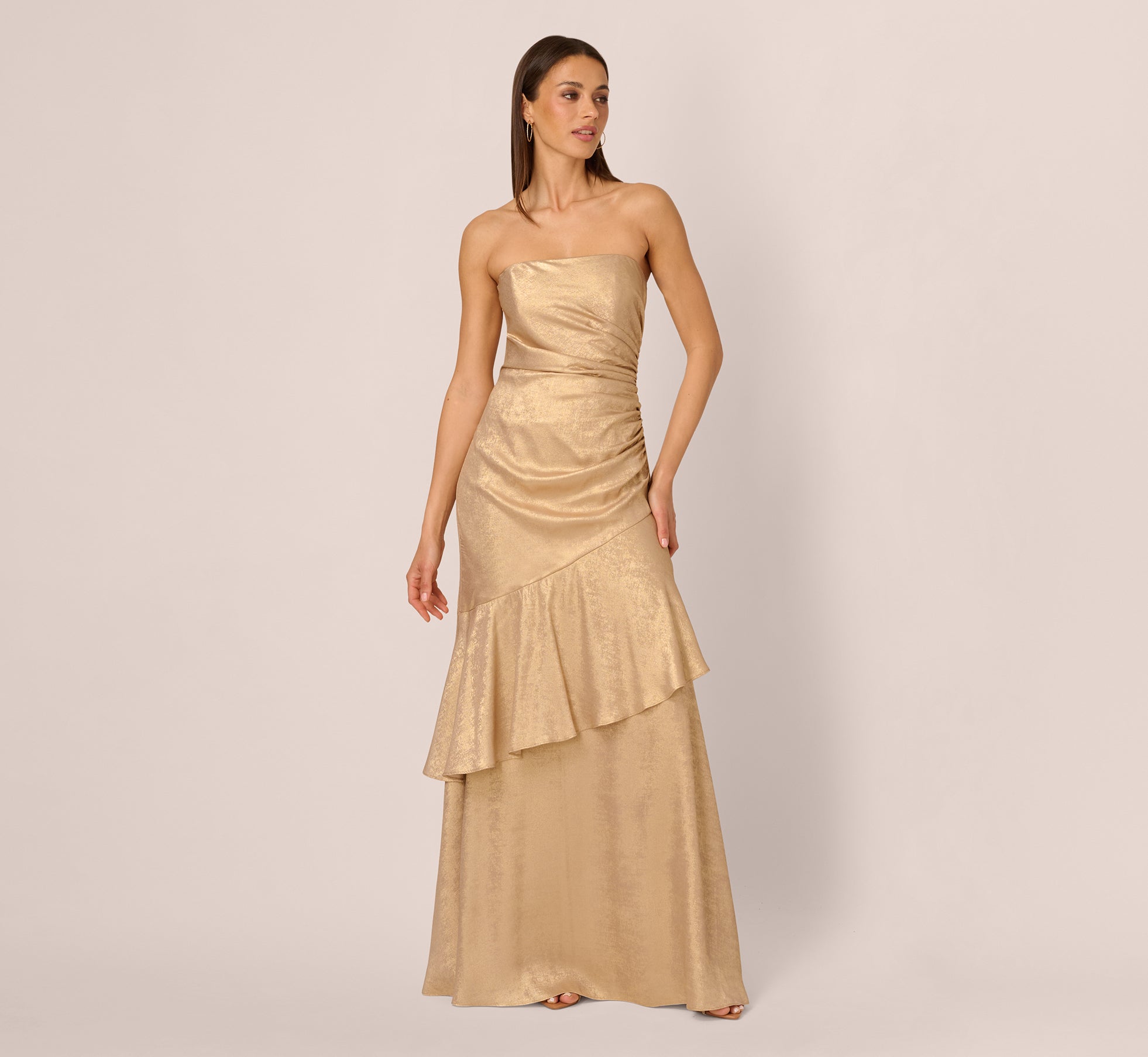 Strapless Foil Flounce Gown In Light Gold、mySite、solidvoid