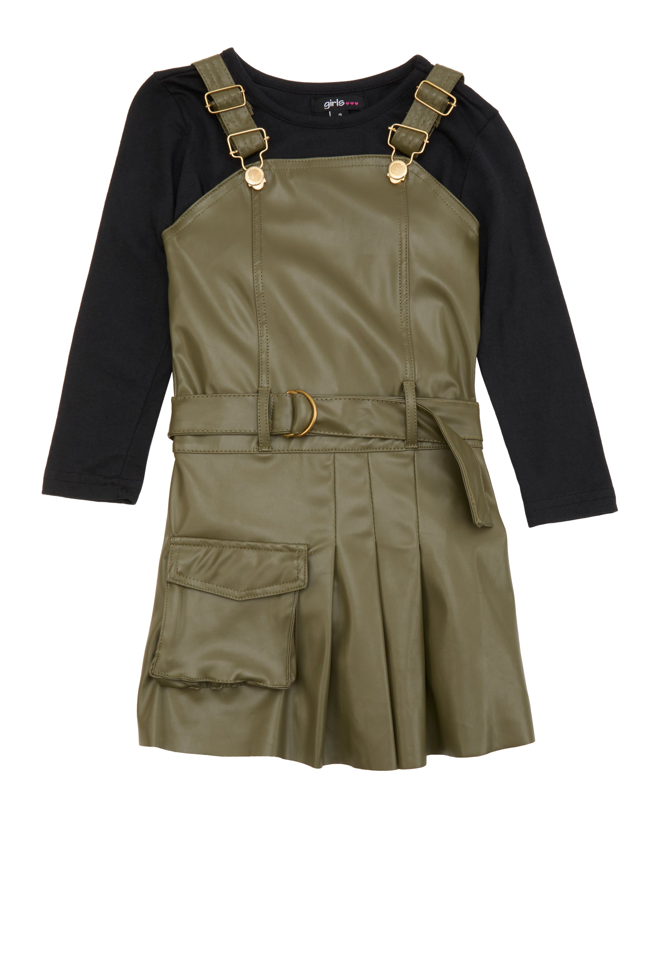Little Girls Faux Leather Overall Dress with Tee、mySite、camillekostekn