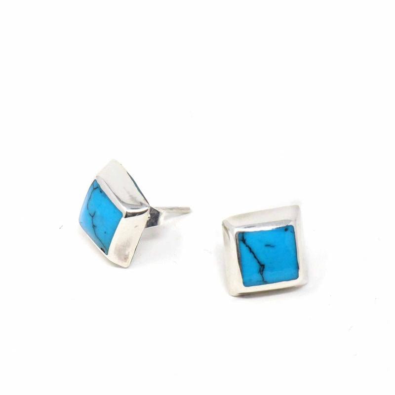 Sterling Silver Earrings, Sterling Turquoise Black Square、mySite、g9winljtr