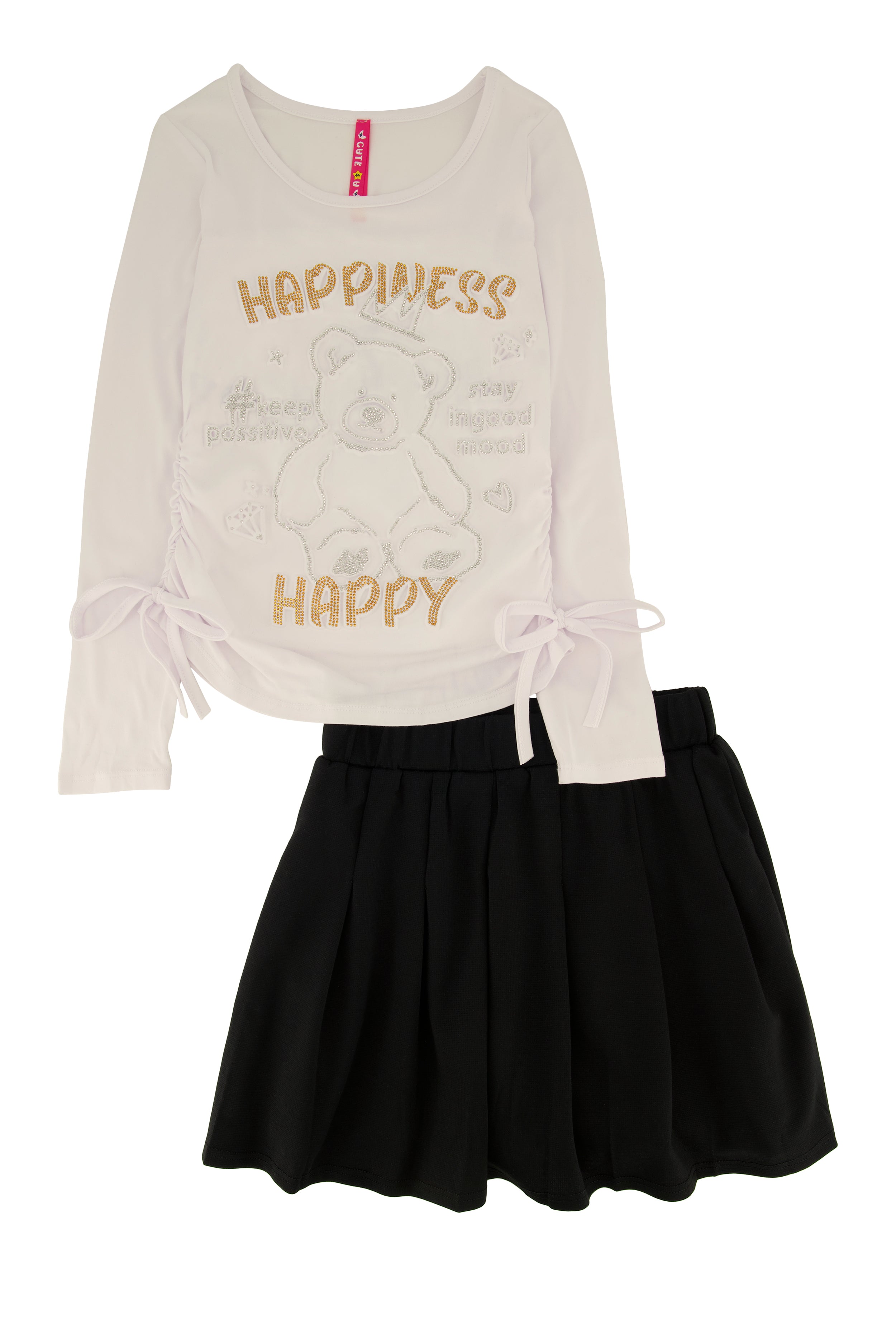 Little Girls Happiness Bear Rhinestone Graphic Top and Pleated Skirt、mySite、camillekostekn