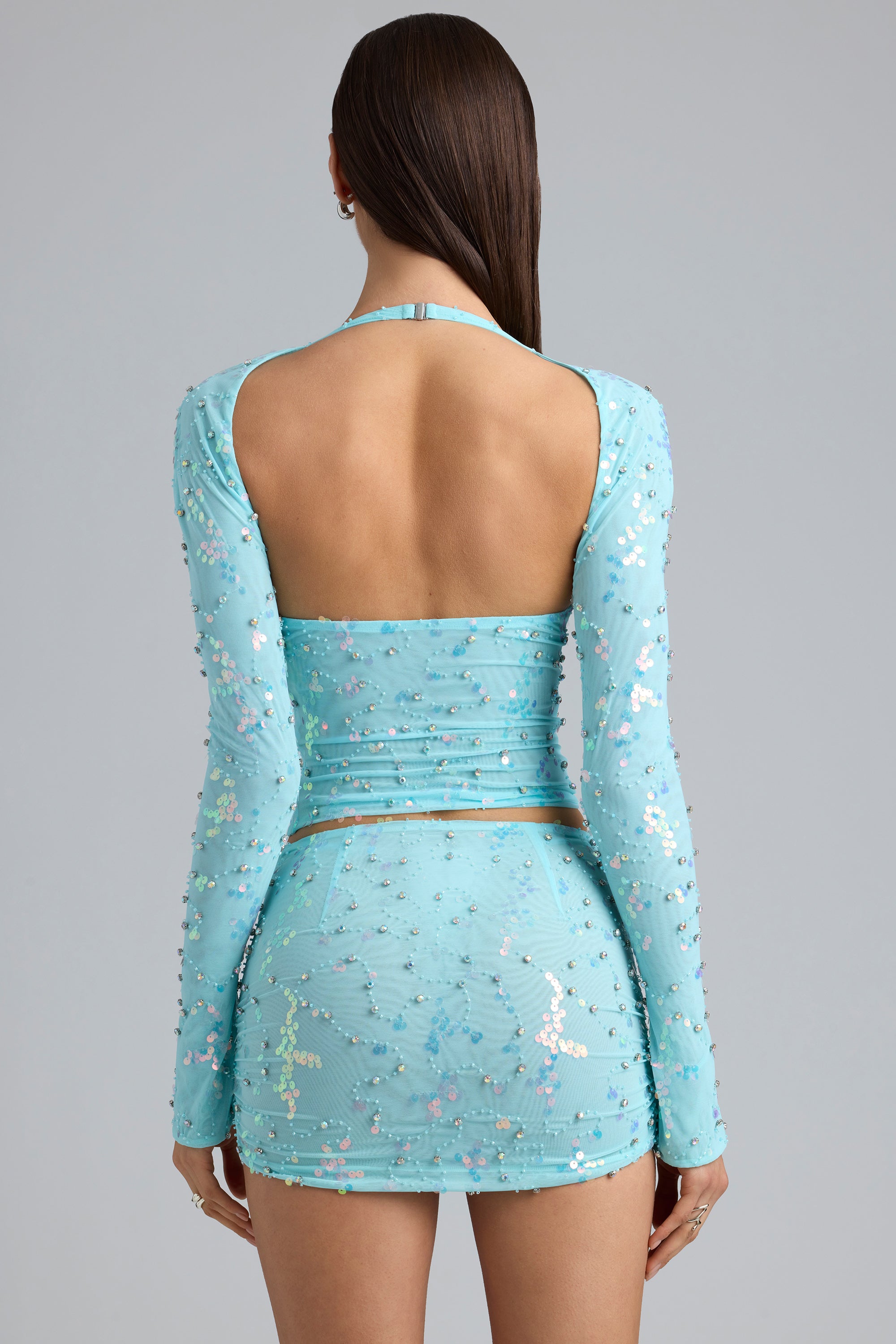 Embellished Cut-Out Halterneck Top in Ice Blue、mySite、solidvoid