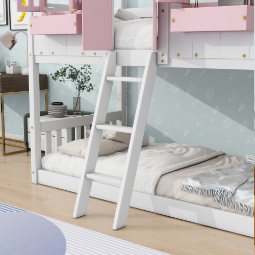 Twin over Twin House Bunk Bed with Roof , Window, Window Box, Door , with Safety Guardrails and Ladder,White、、casual
