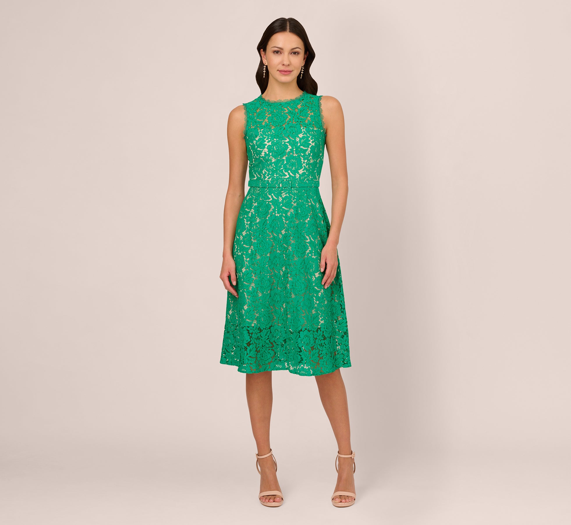 Sleeveless Lace Fit And Flare Dress With Sheer Details In Botanic Green、mySite、solidvoid