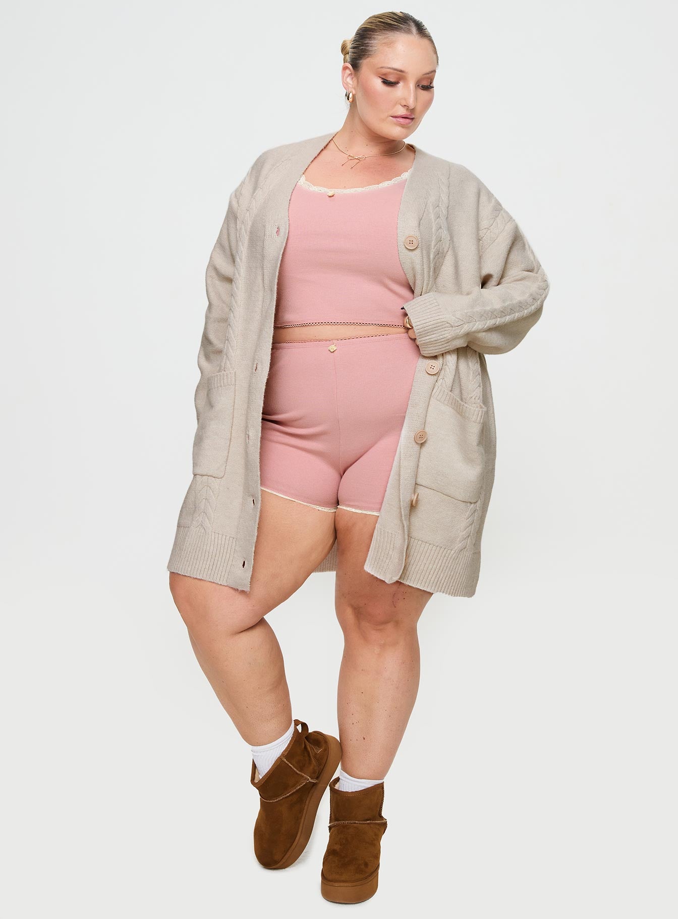 Cardi Long Sleeve Mini Dress Cream Curve、mySite、solidvoid