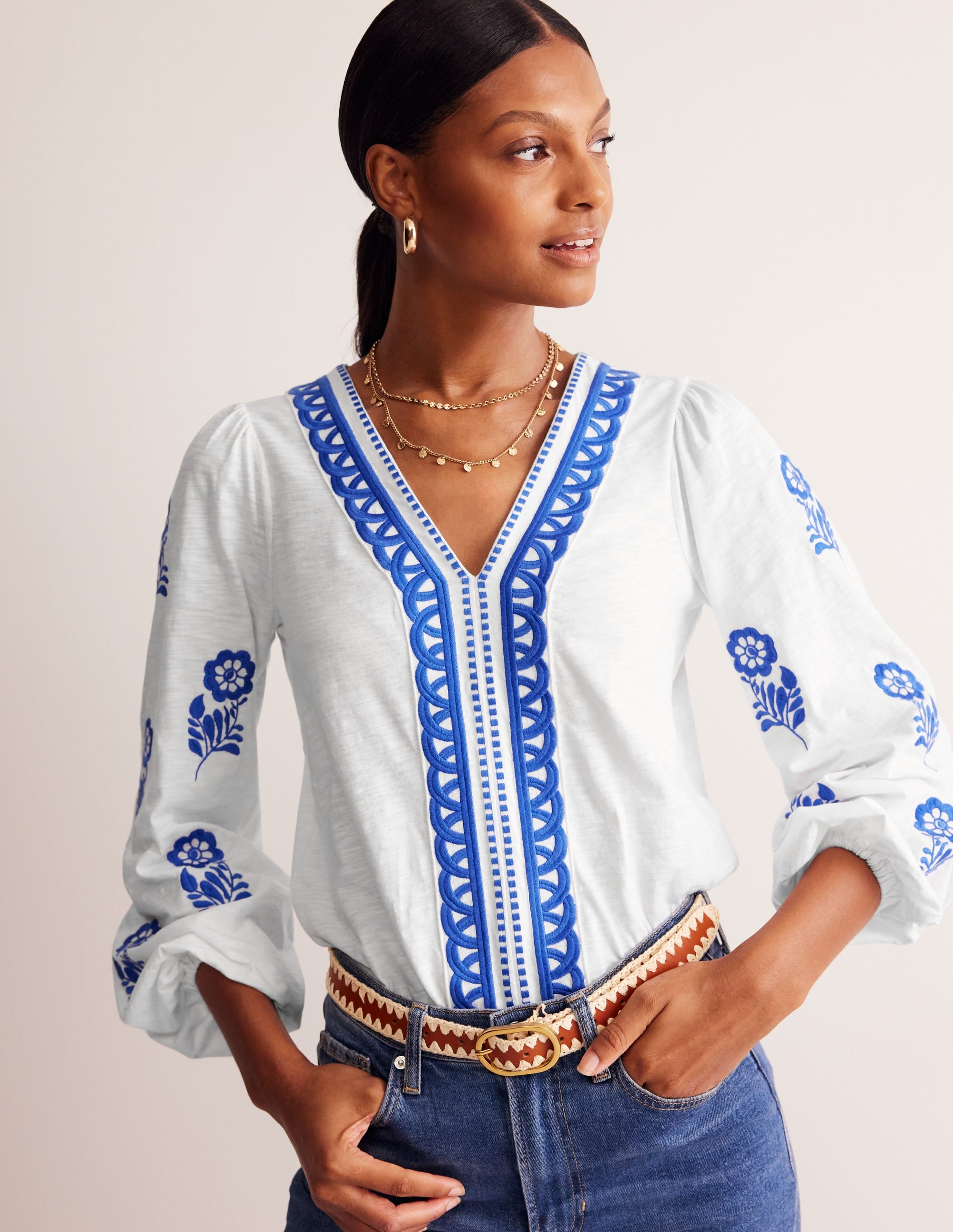  Embroidered V-Neck Top-White, Kingfisher Blue、mySite、ashleygrahame