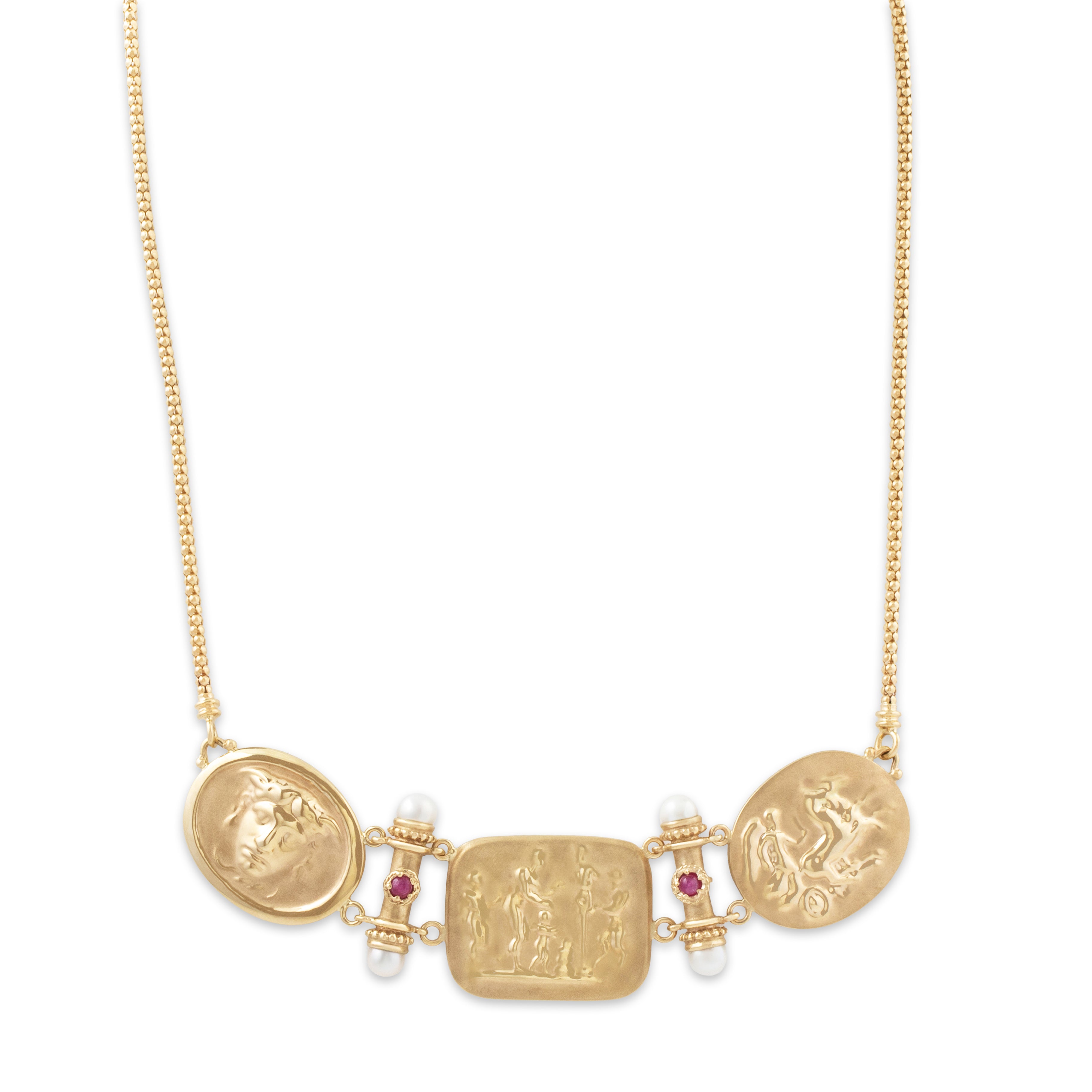 Vintage Italian 14k Yellow Gold Pearl Ruby Etruscan Style Statement Necklace 17、mySite、hinf8tx79