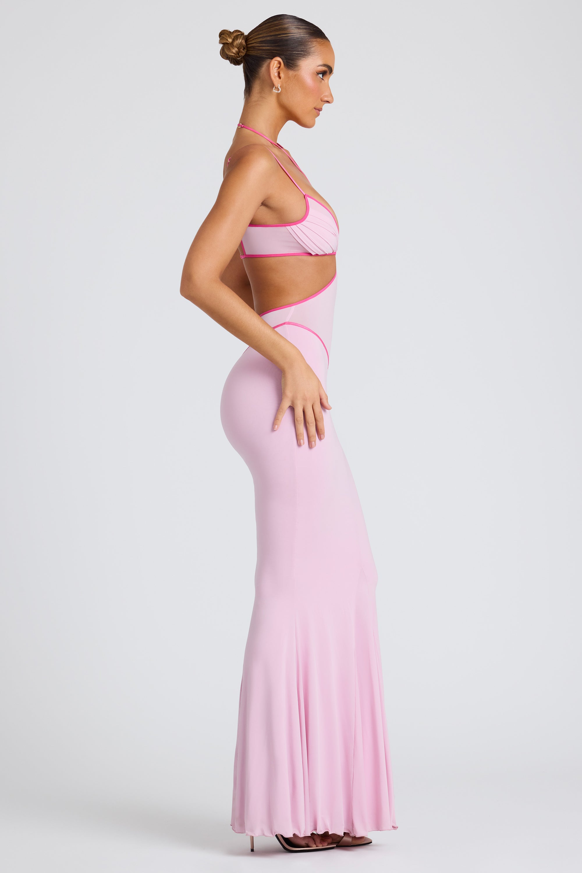 Contrast Binding Cut Out Evening Gown in Soft Pink、mySite、solidvoid