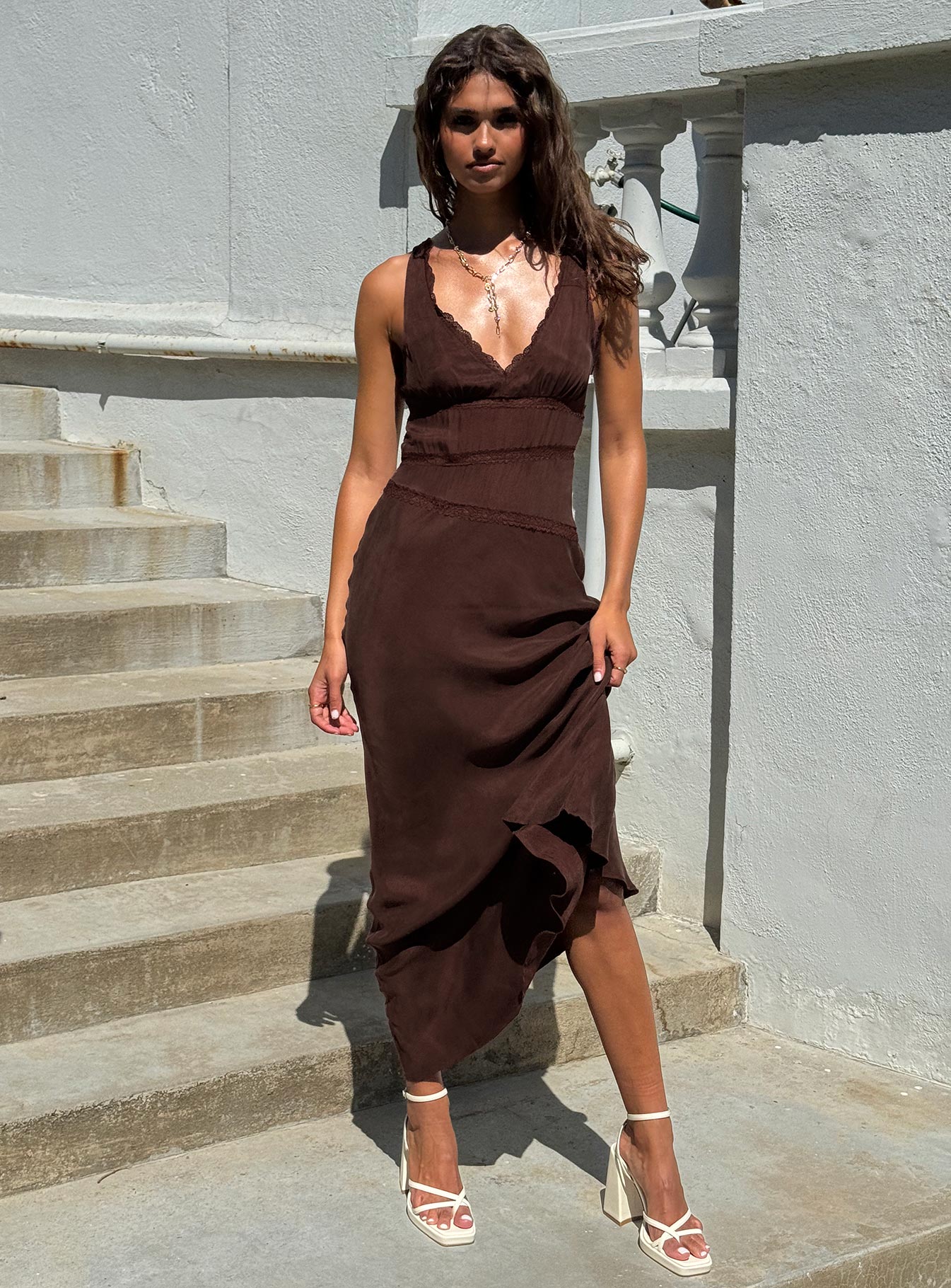 Karlotta Lace Bias Maxi Dress Brown、mySite、solidvoid