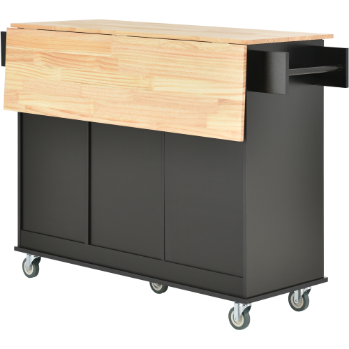 Rolling Mobile Kitchen Island with Solid Wood Top and Locking Wheels,52.7 Inch Width,Storage Cabinet and Drop Leaf Breakfast Bar,Spice Rack, Towel Rack & Drawer (Black)、、casual