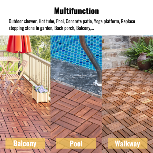 Acacia Wood Interlocking Deck Tiles Checker Pattern, 30 PCS 12" x 12" Square Acacia Hardwood Outdoor Flooring for Patio, Bancony, Pool Side,...、、eastwooduniform