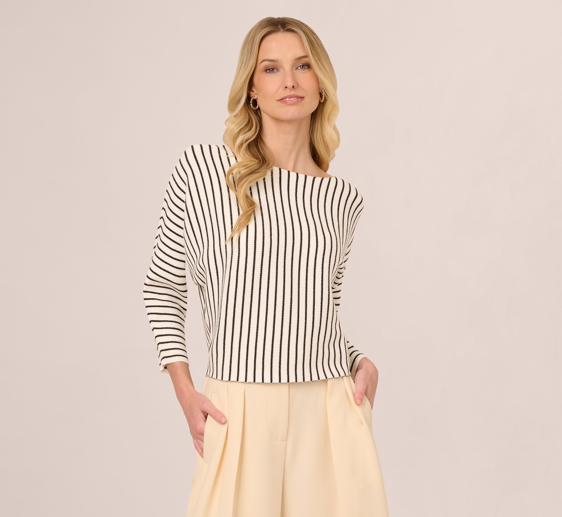 Striped Rib Knit Dolman Sleeve Sweater In Ivory Black、mySite、solidvoid