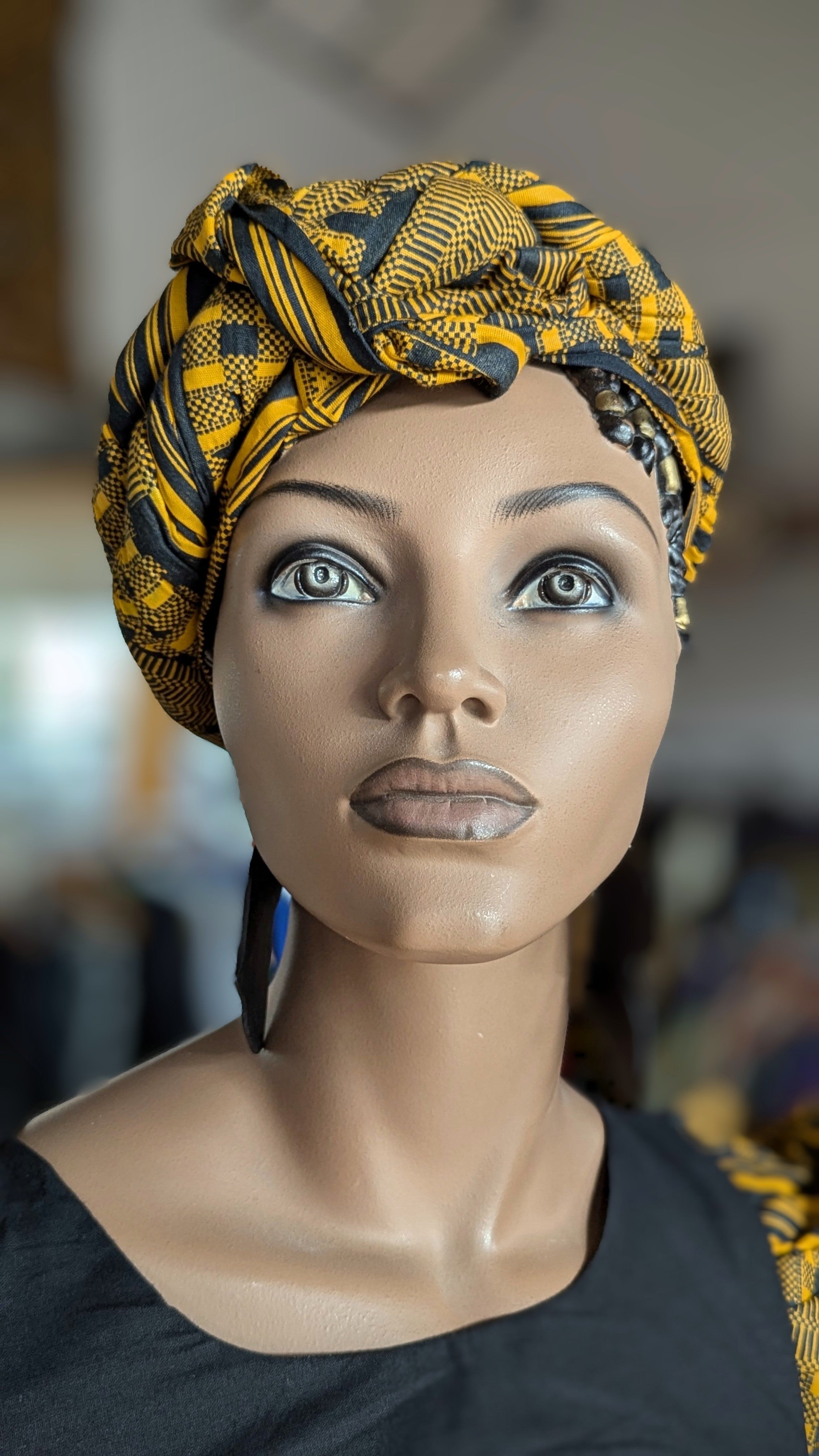 Dupsie's Zola Black and Gold Kente African Print Pre-Tied Modu Head Wrap DP4091PT、mySite、solidvoid