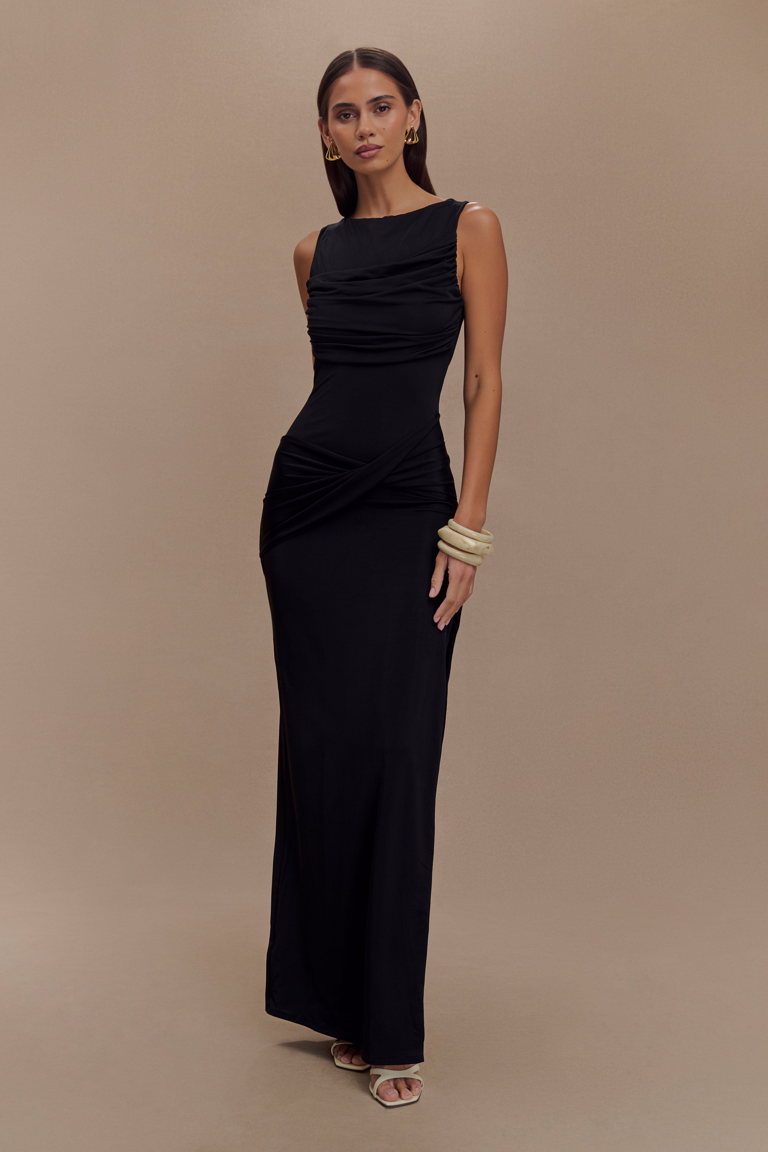 Henley Slinky Drape Maxi Dress - Black、mySite、solidvoid