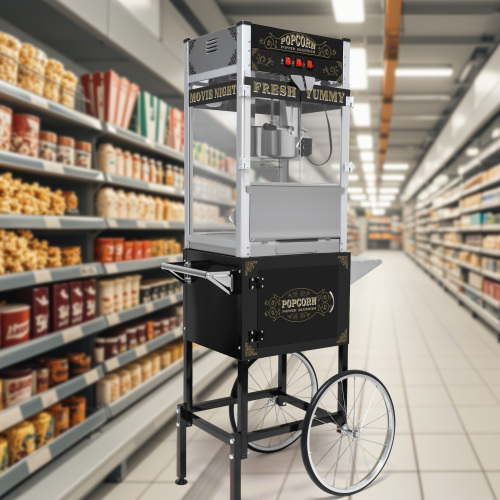  Commercial Popcorn Machine with Cart and 20-Ounce Kettle,Vintage-Style Popper on Wheels with Tempered Glass, Warming Deck, 1440W Popcorn Popper for Parties, Events, and Home Theater (Black)、、yumabirdnaturehistoryfestival