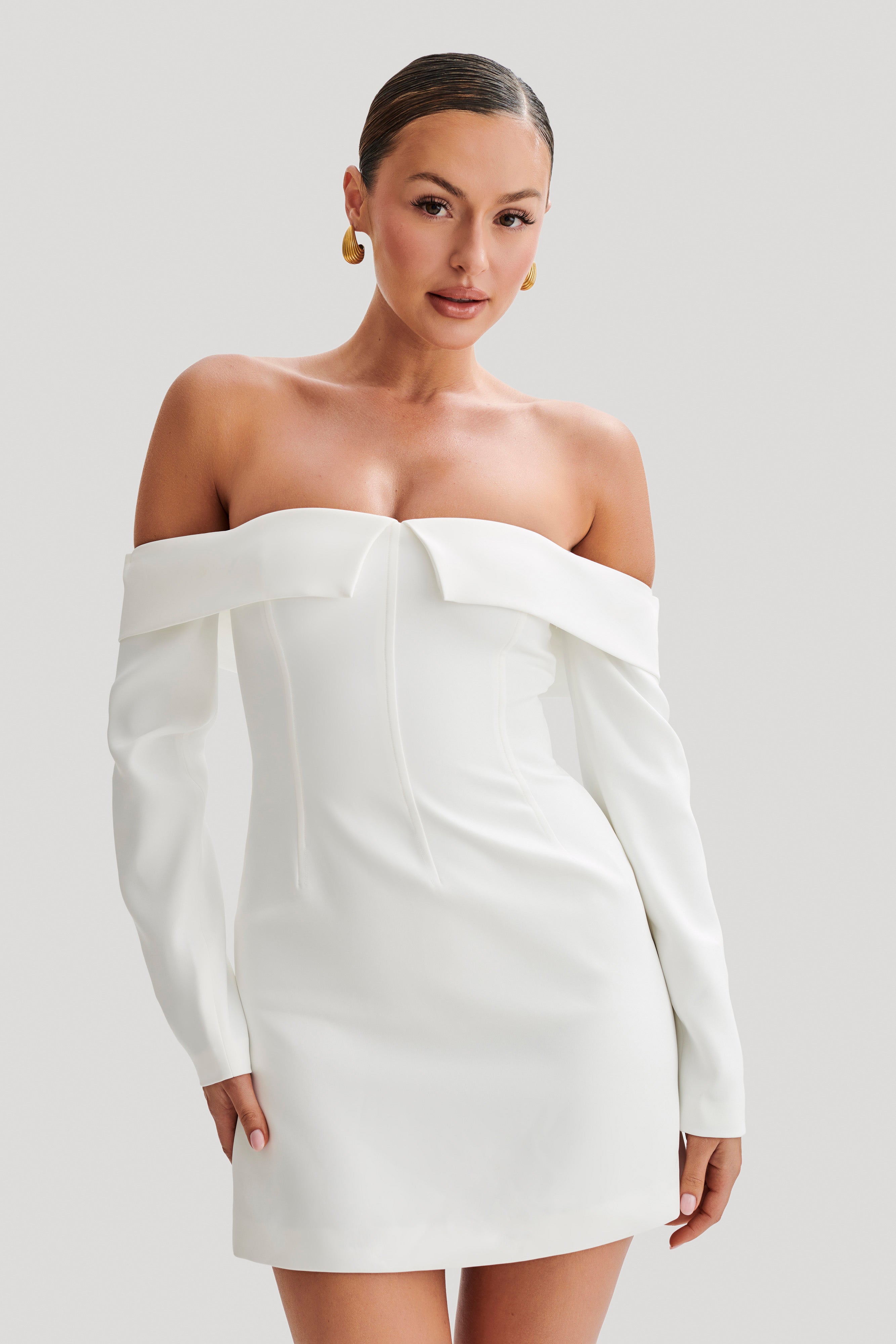 Hugo Suiting Off Shoulder Mini Dress - Ivory、mySite、solidvoid