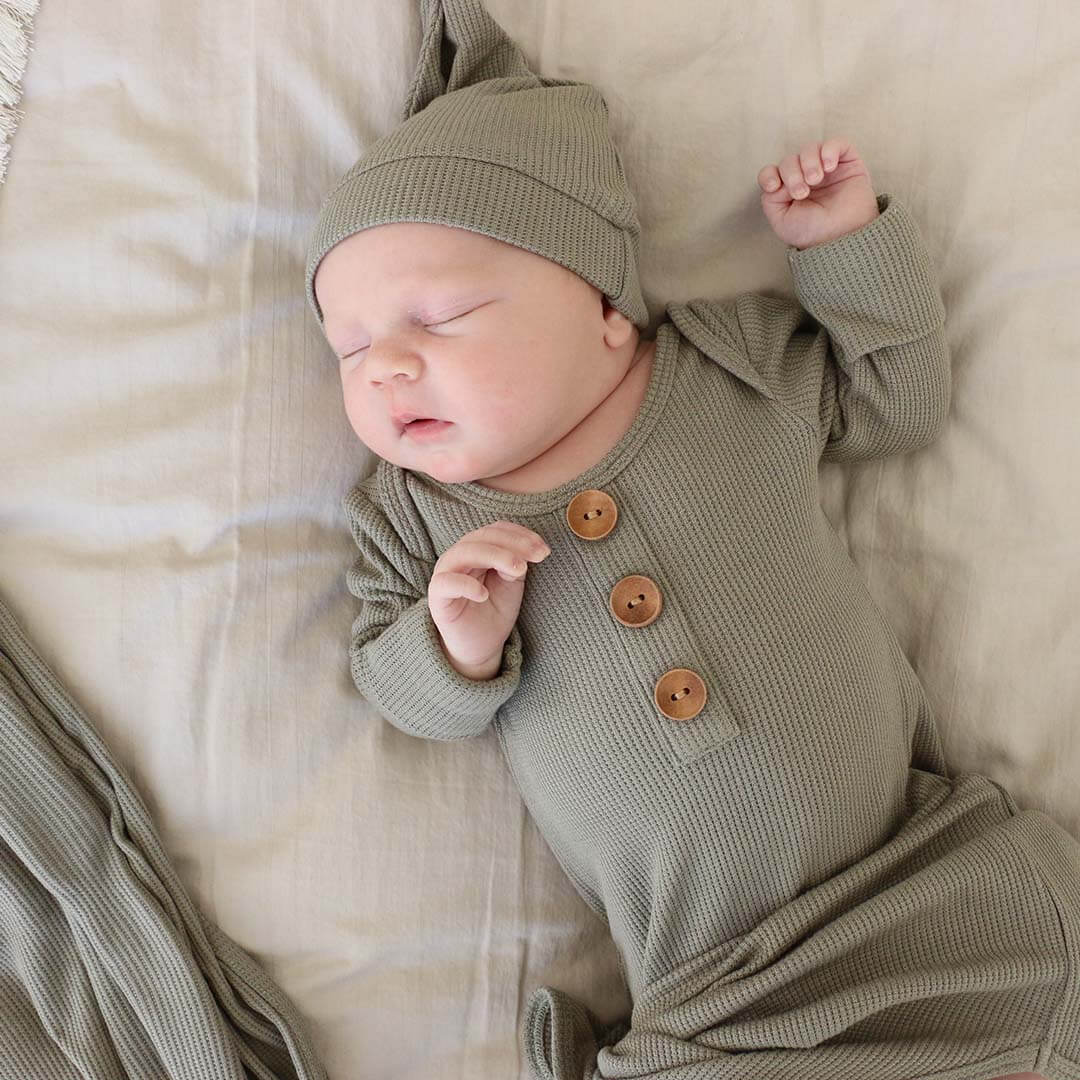  Eucalyptus Bamboo Waffle Newborn Baby Knot Gown & Hat Set、mySite、layawaytickets