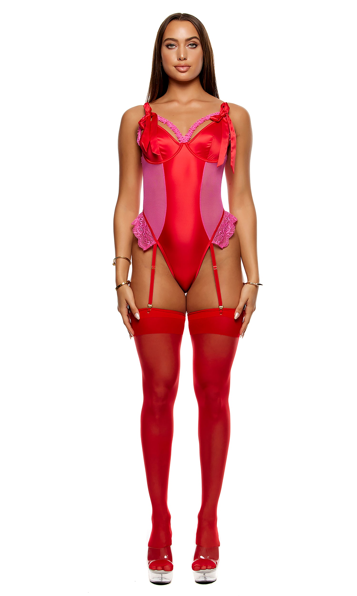 No Strings Attached Satin and Mesh Lace Trim Teddy Lingerie Set - Red Pink、mySite、bengalsvssteelers