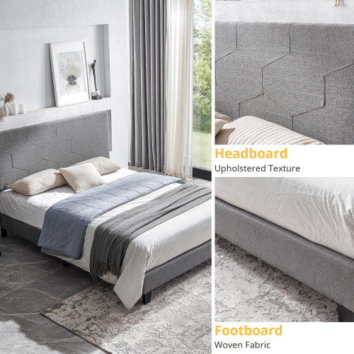 King Size Upholstered Platform Bed Frame with Button Tufted Linen Fabric Headboard, No Box Spring Needed, Wood Slat Support, Easy Assembly, Gray、、casual