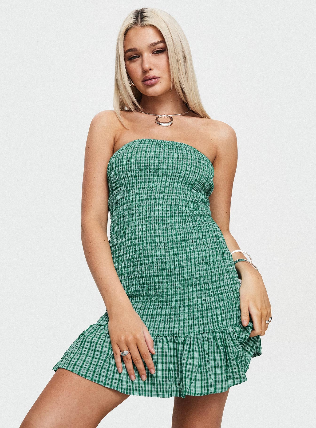 Porschia Strapless Mini Dress Green Check、mySite、solidvoid