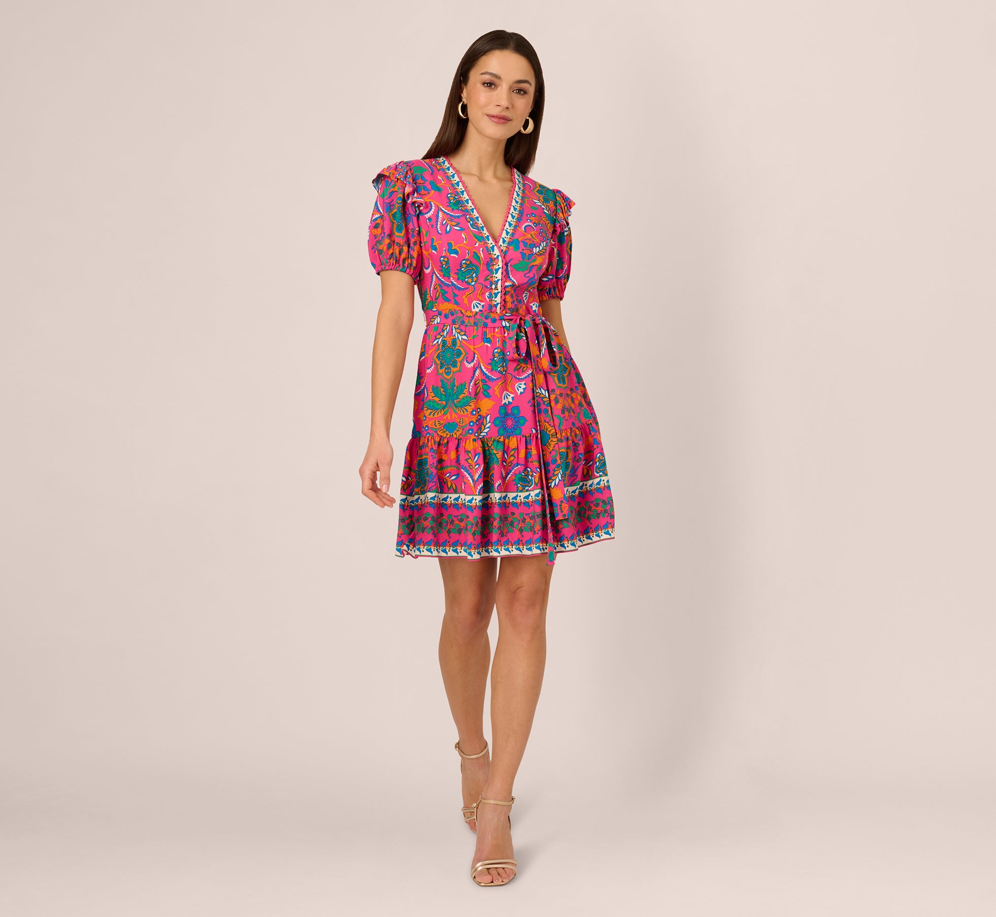Puff Sleeve Retro Printed Short Dress In Hot Pink Multi、mySite、solidvoid