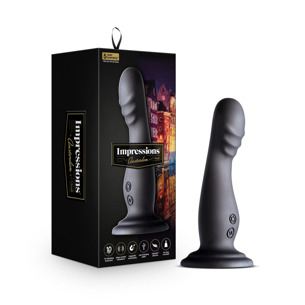 Impressions By Blush® | Amsterdam Black 6.75-Inch Long Rechargeable Vibrating Dildo With Suction Cup Base、mySite、bottomscart