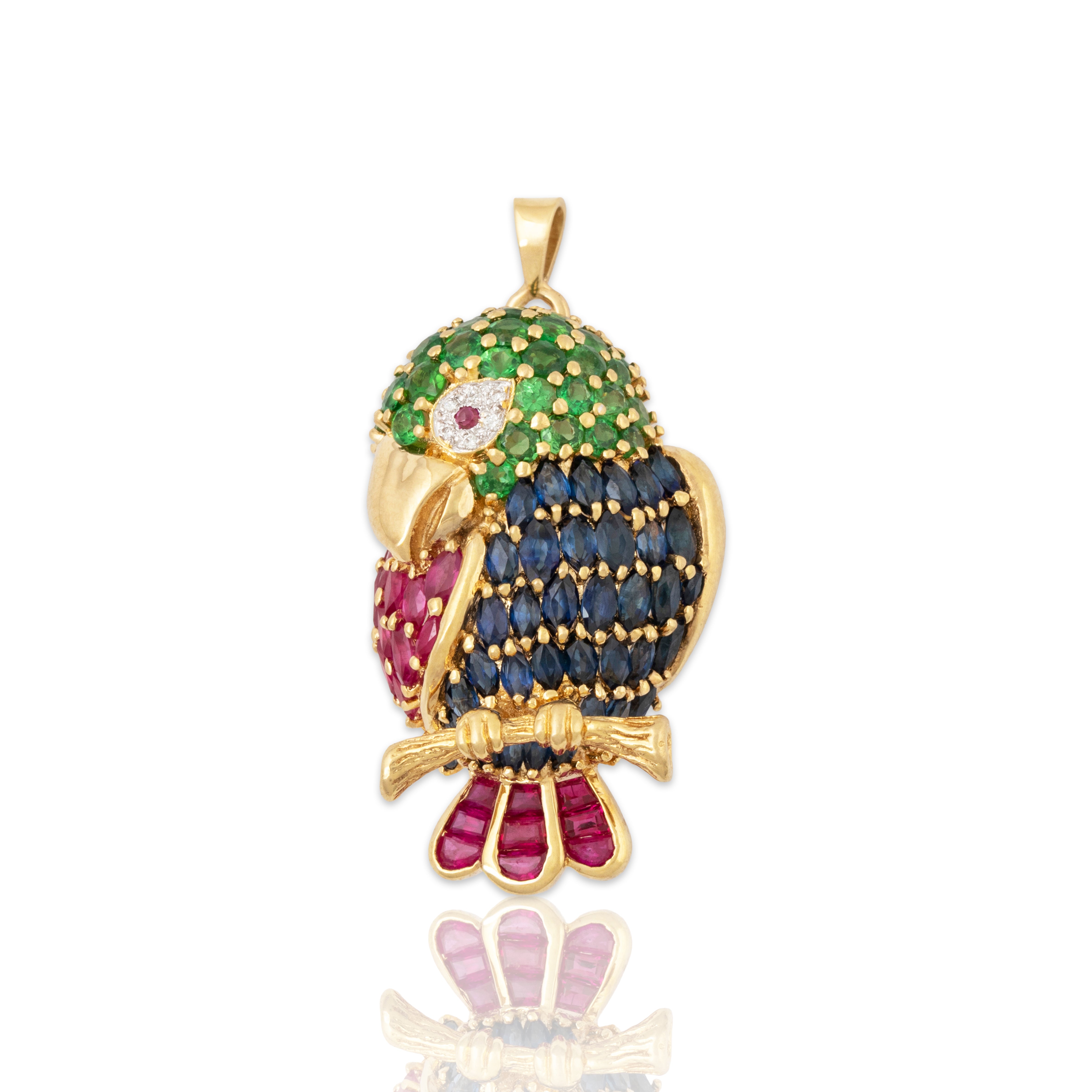 Vintage Figural 18k Yellow Gold 1.4cttw Sapphire Perched Parrot Pendant / Pin、mySite、hinf8tx79