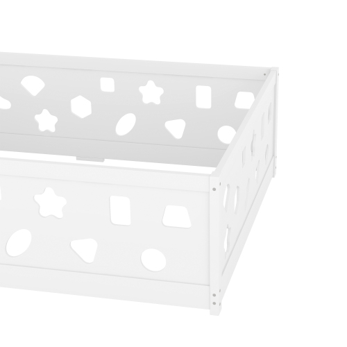 Twin Size Floor Bed with Heightened Safety Guardrails and Door, Solid Wood Bedframe with Rails for Girls, Boys, Teens, Child Bedroom, Kids Playroom, No Slats Included, White、、casual
