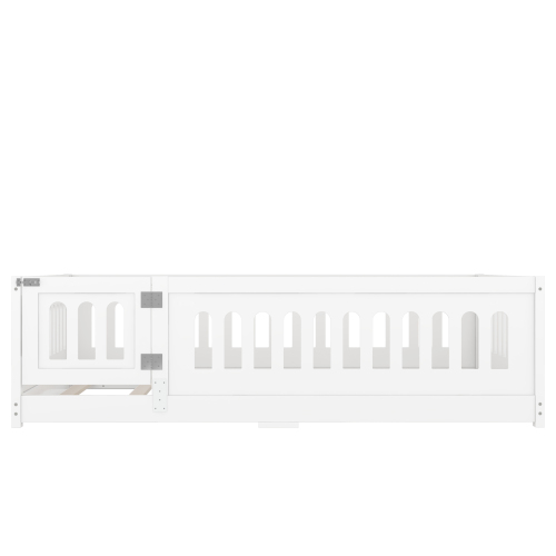 Twin Size Floor Bed with Heightened Safety Guardrails and Door, Solid Wood Bedframe with Rails for Girls, Boys, Teens, Child Bedroom, Kids Playroom, No Slats Included, White、、casual